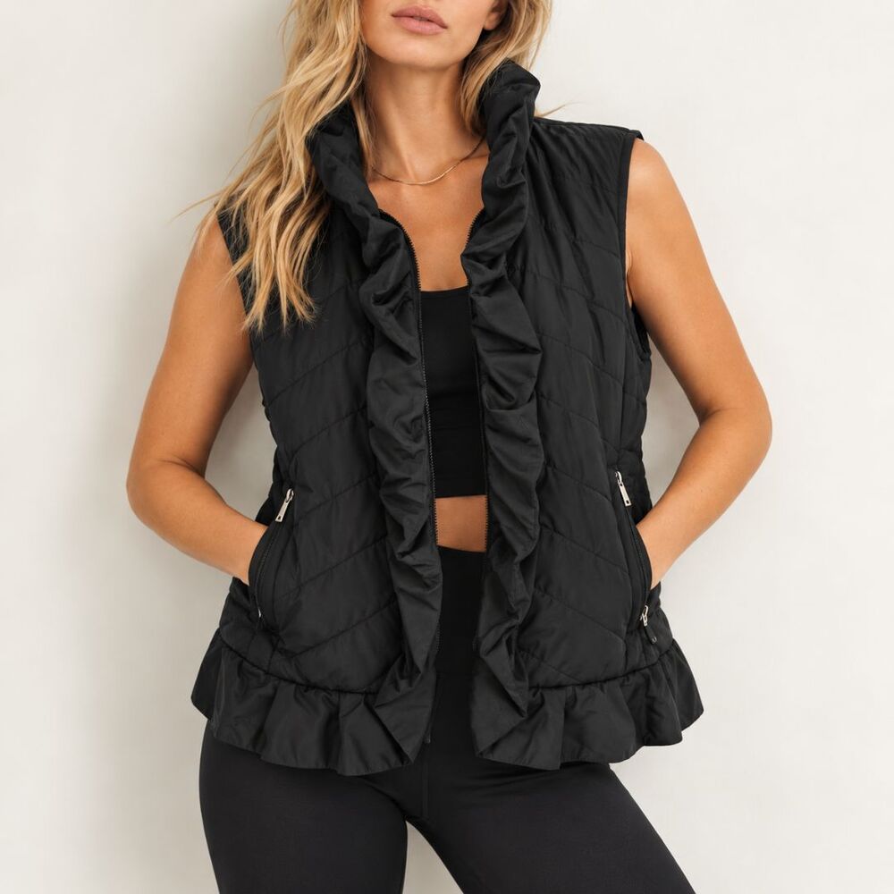 White House Black Market Puffer Vest L Black Ruffle Collar Quilted Zip Front